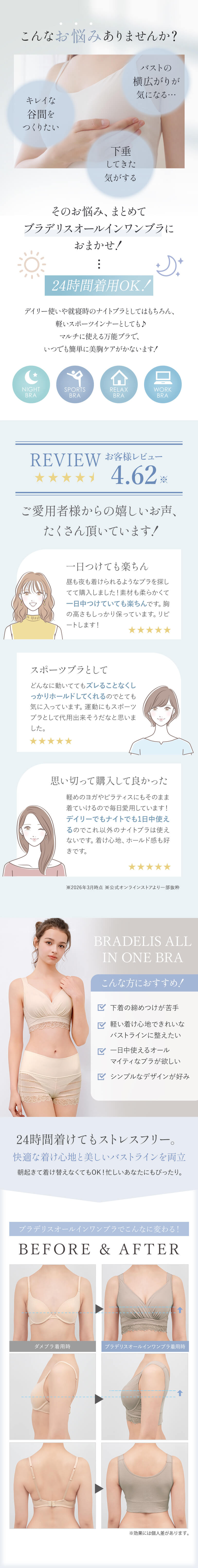 24時間着用OK！昼も夜も一日中ずっと美胸キープ「ブラデリスオールインワンブラ」