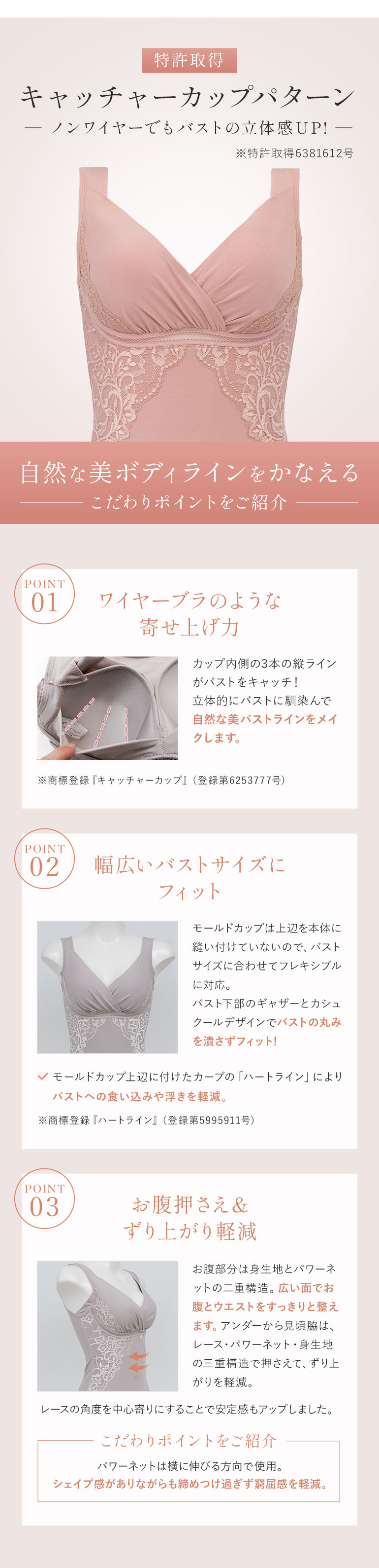 特許取得キャッチャーカップパターン ノンワイヤーでもバストの立体感UP！